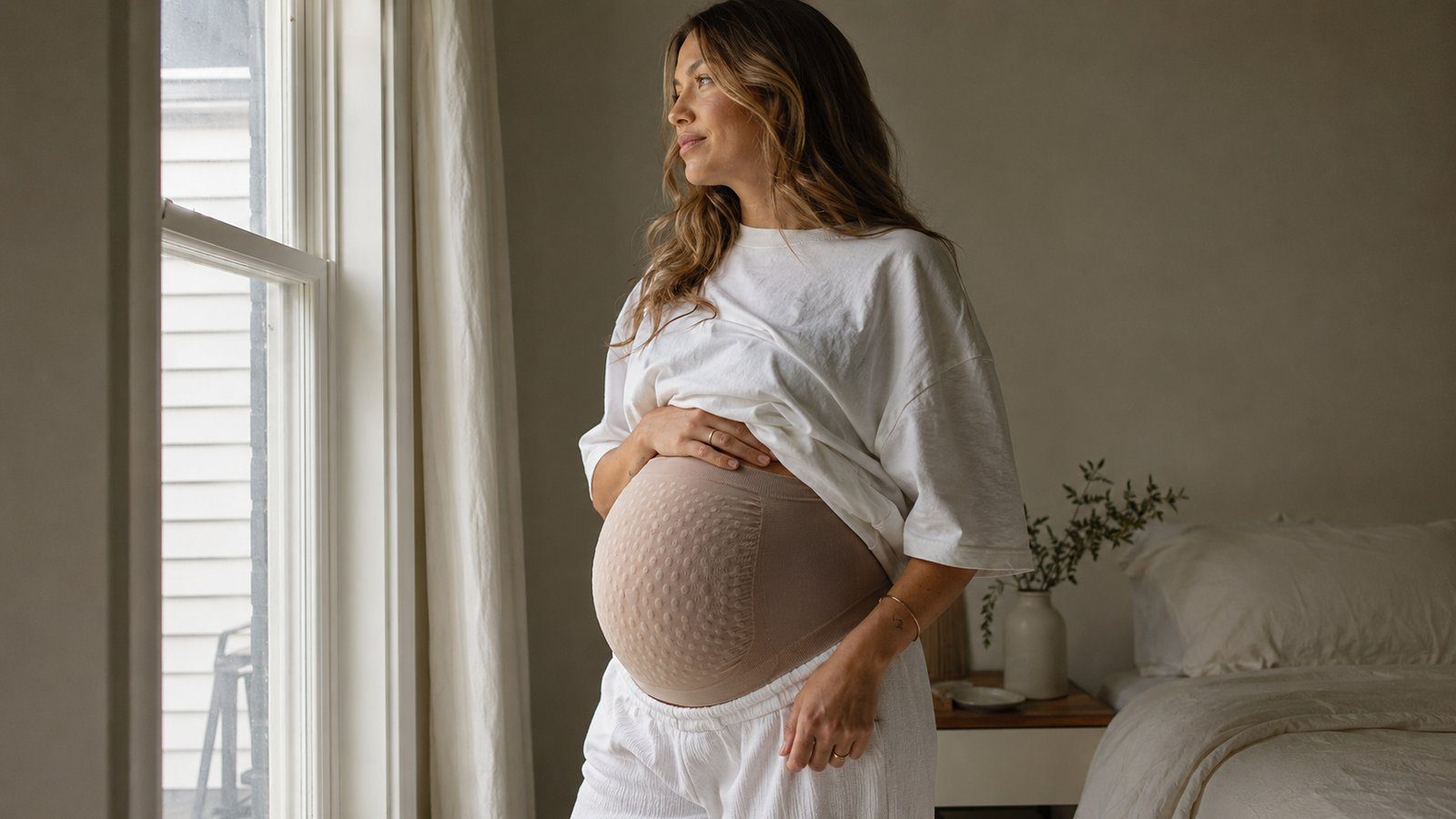 Pregnant woman wearing a Secret Saviours Derma Dot support belly band under a white t-shirt
